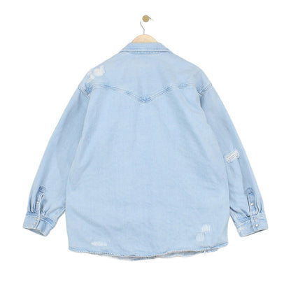 Womens Oversized Denim Shirt Distressed Pearl Snap