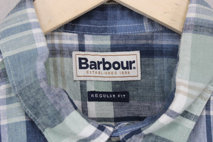 Mens Linen Plaid Shirt Short Sleeve Check