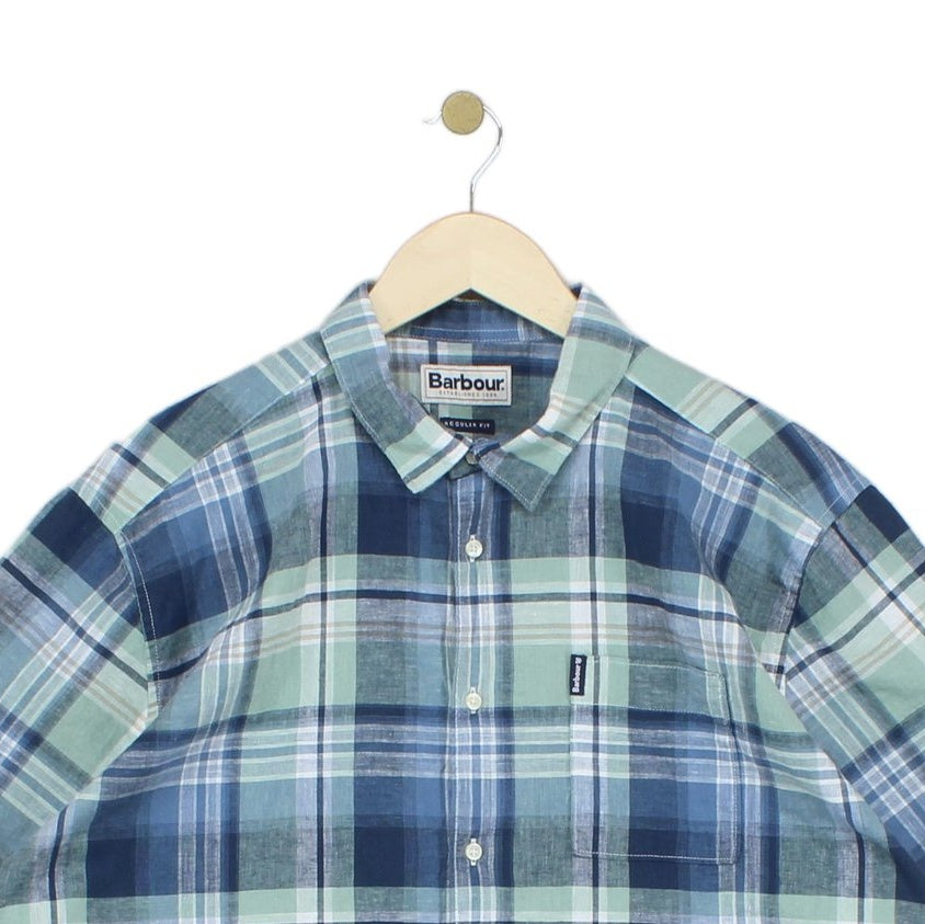 Mens Linen Plaid Shirt Short Sleeve Check