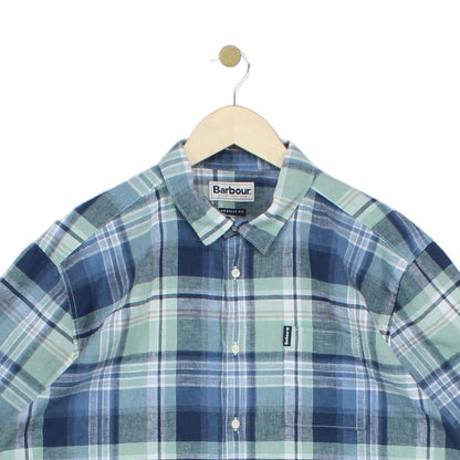 Mens Linen Plaid Shirt Short Sleeve Check