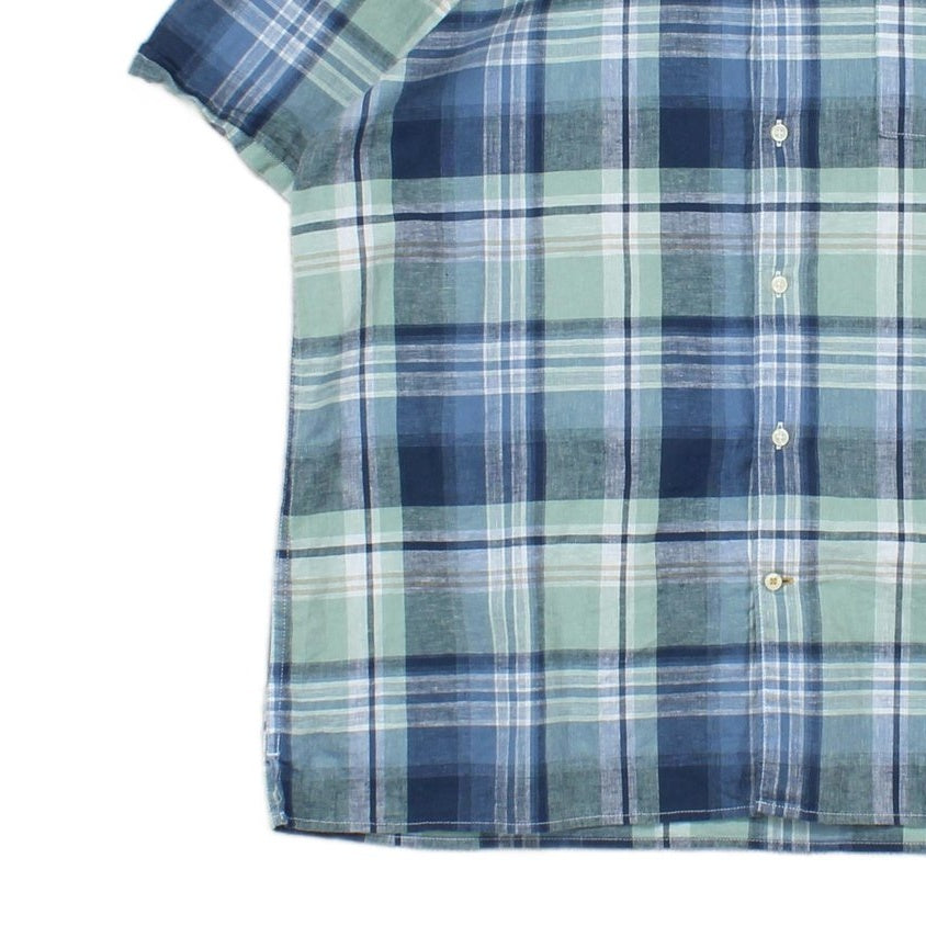 Mens Linen Plaid Shirt Short Sleeve Check