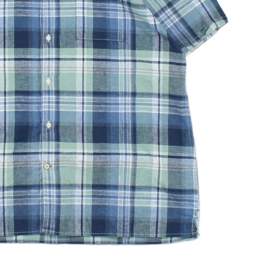 Mens Linen Plaid Shirt Short Sleeve Check