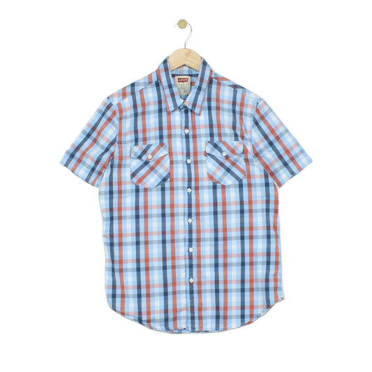 Mens Plaid Shirt Short Sleeve Button Up