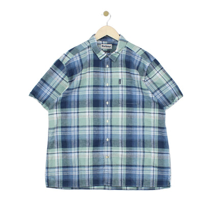 Mens Linen Plaid Shirt Short Sleeve Check