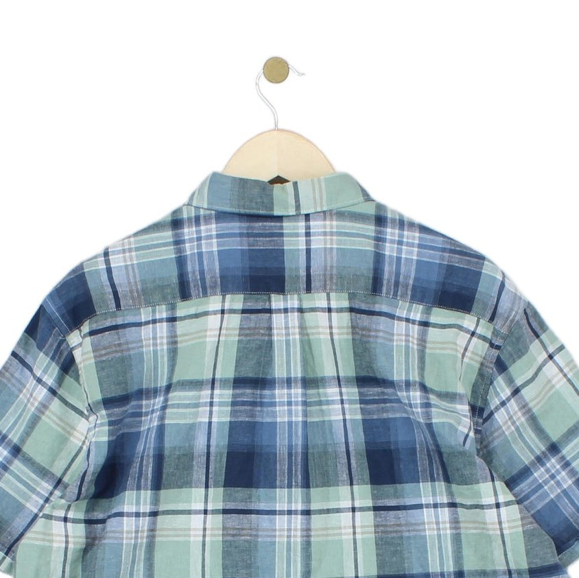 Mens Linen Plaid Shirt Short Sleeve Check