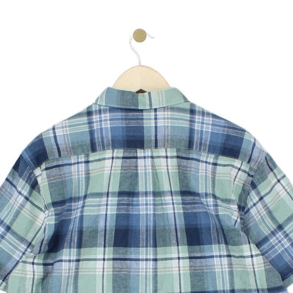 Mens Linen Plaid Shirt Short Sleeve Check