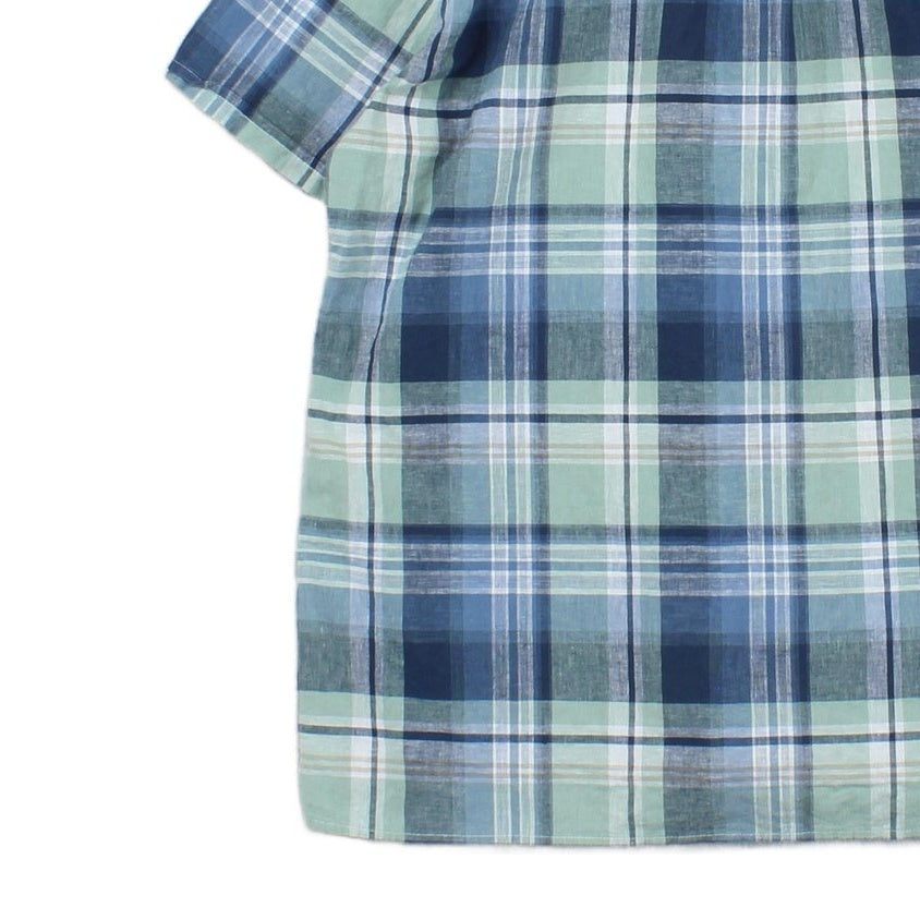 Mens Linen Plaid Shirt Short Sleeve Check