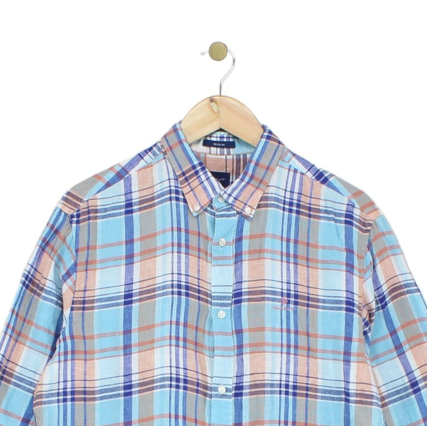 Mens Linen Plaid Shirt Long Sleeve Button Down