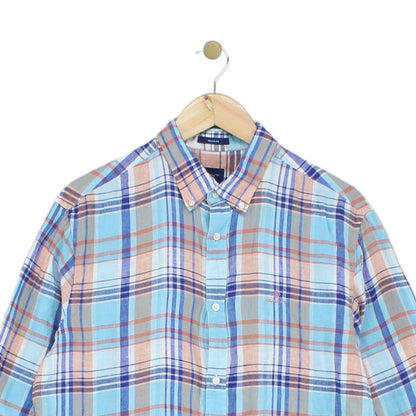 Mens Linen Plaid Shirt Long Sleeve Button Down