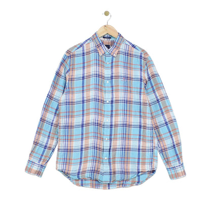 Mens Linen Plaid Shirt Long Sleeve Button Down