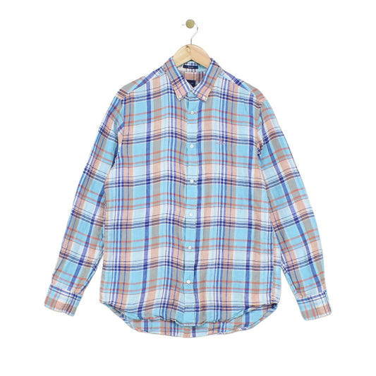 Mens Linen Plaid Shirt Long Sleeve Button Down