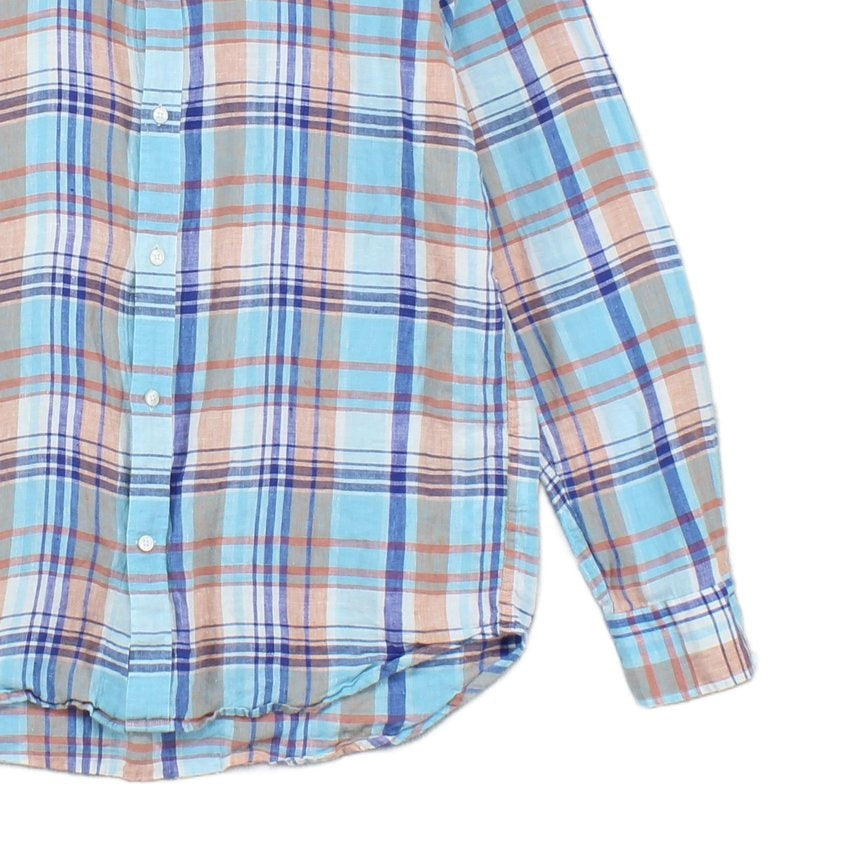 Mens Linen Plaid Shirt Long Sleeve Button Down