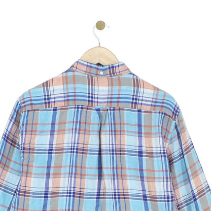 Mens Linen Plaid Shirt Long Sleeve Button Down