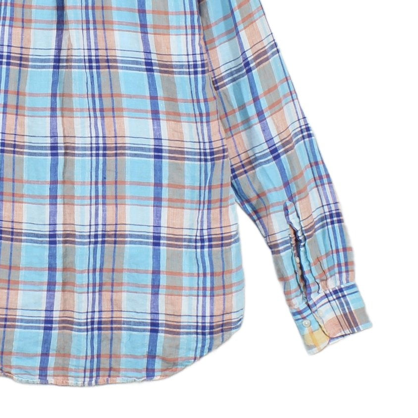 Mens Linen Plaid Shirt Long Sleeve Button Down