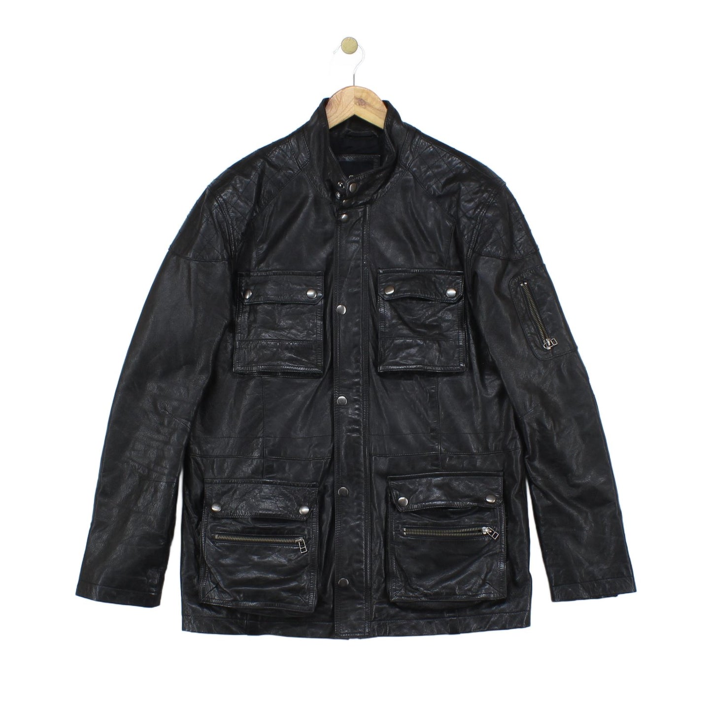 Mens Leather Jacket Utility Pockets Biker