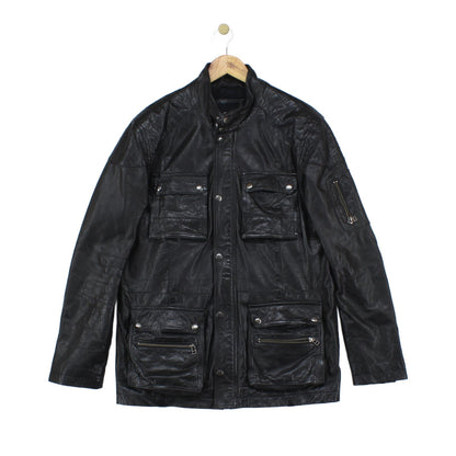Mens Leather Jacket Utility Pockets Biker