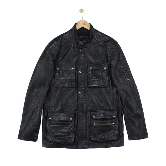 Mens Leather Jacket Utility Pockets Biker