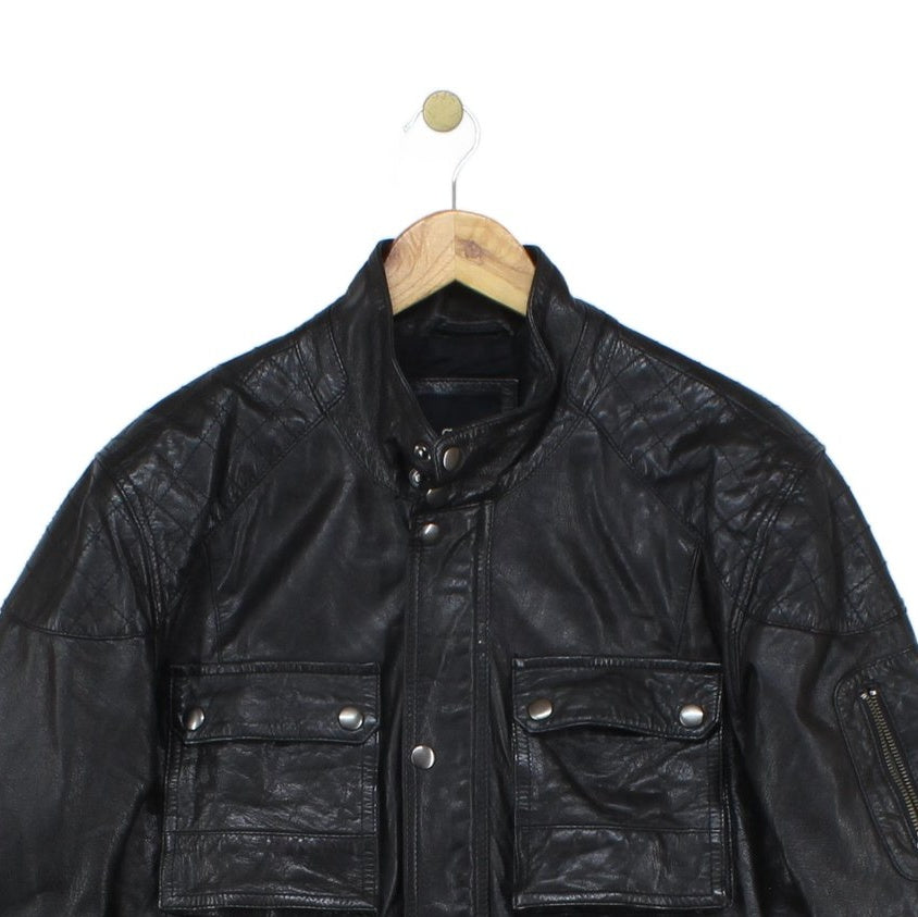 Mens Leather Jacket Utility Pockets Biker