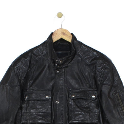 Mens Leather Jacket Utility Pockets Biker