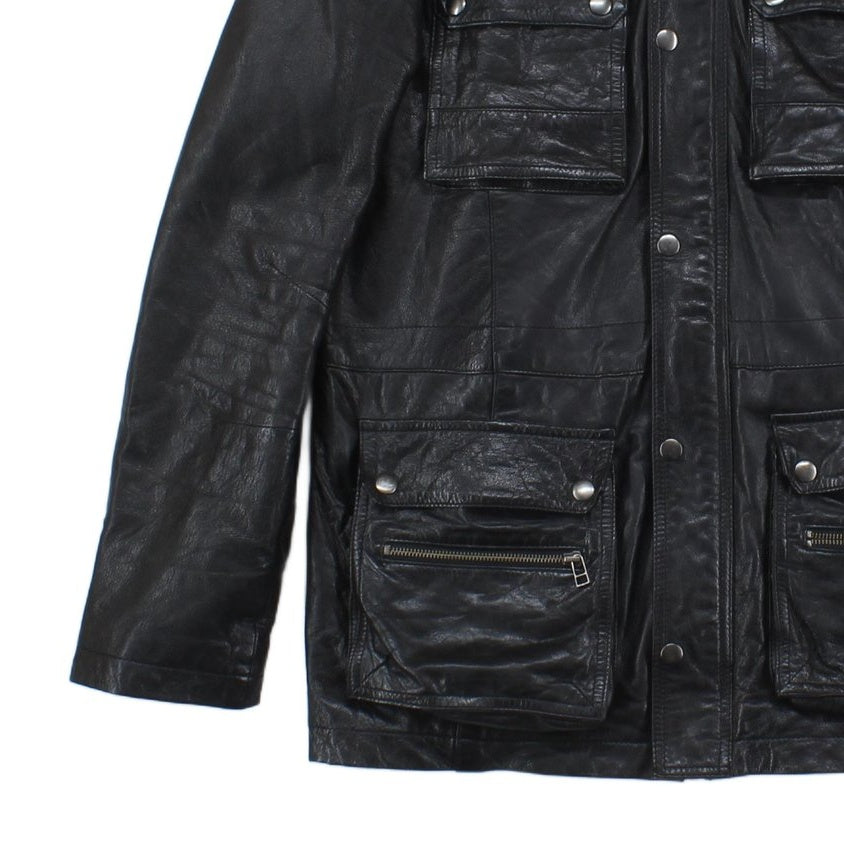 Mens Leather Jacket Utility Pockets Biker