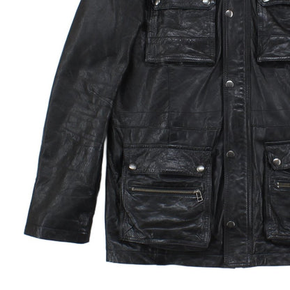 Mens Leather Jacket Utility Pockets Biker
