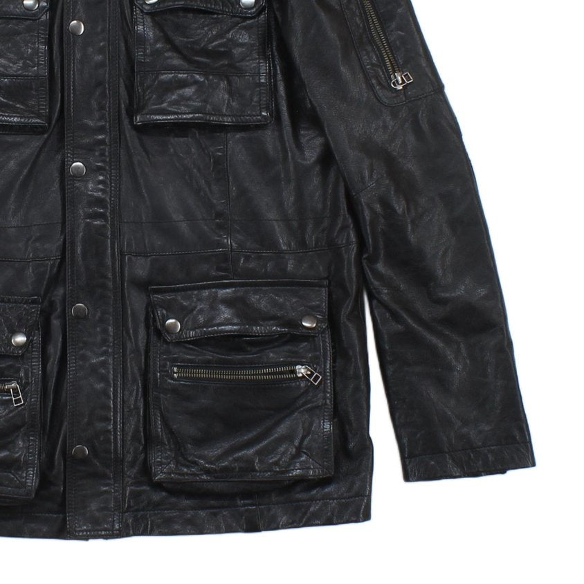 Mens Leather Jacket Utility Pockets Biker