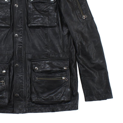 Mens Leather Jacket Utility Pockets Biker