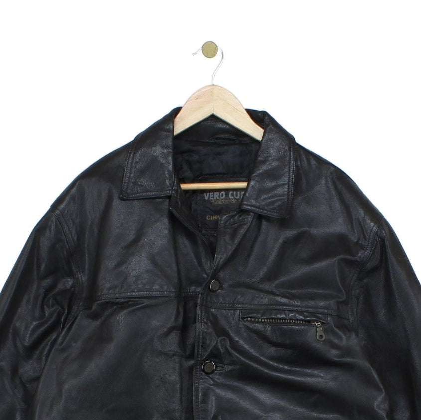 Mens Leather Jacket Button Collared