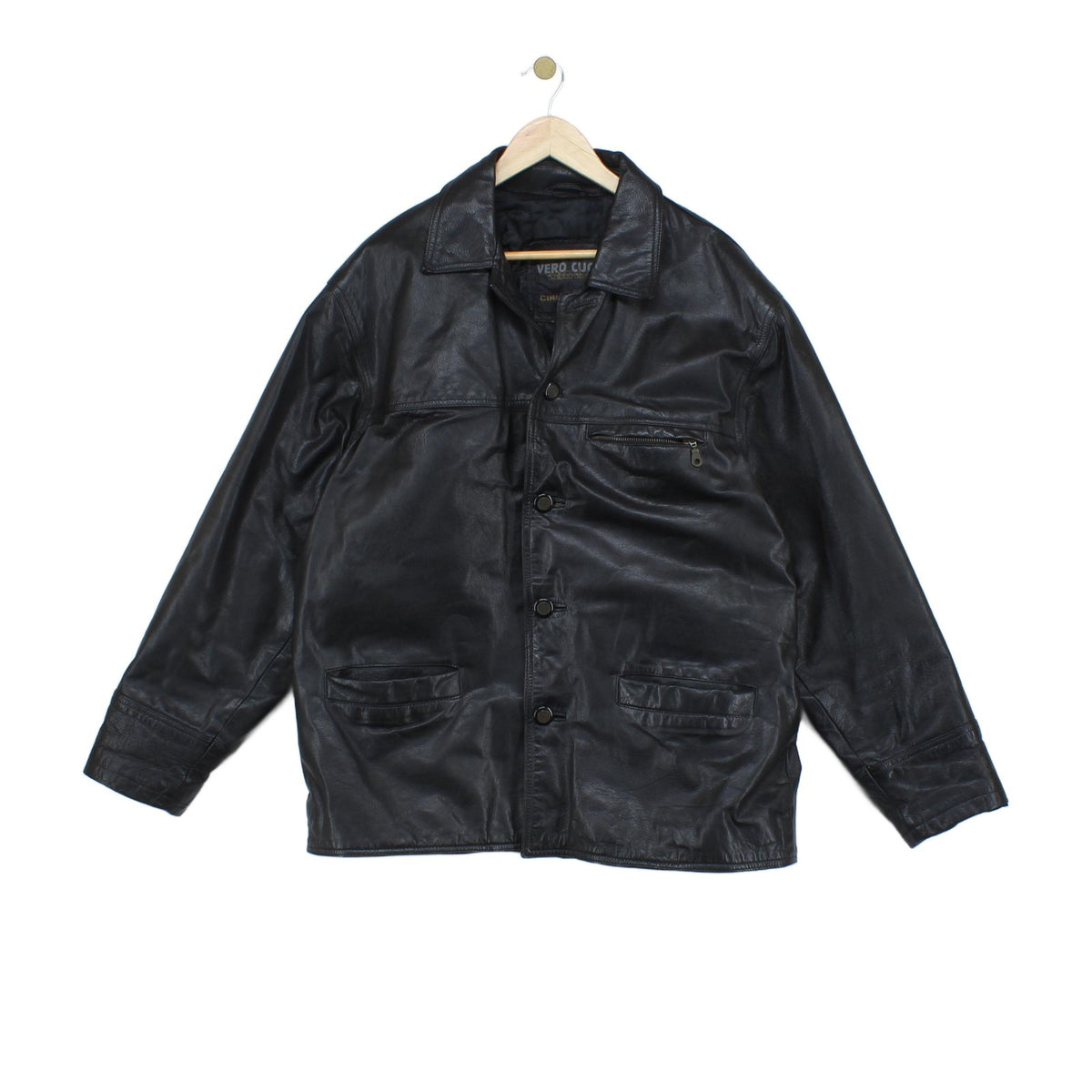 Mens Leather Jacket Button Collared