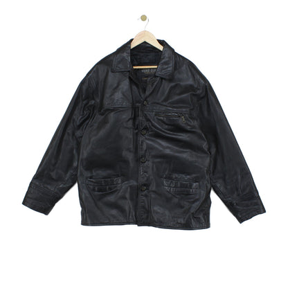 Mens Leather Jacket Button Collared