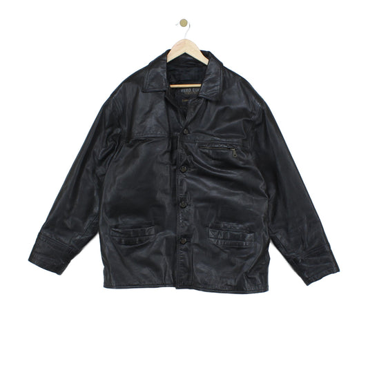 Mens Leather Jacket Button Collared