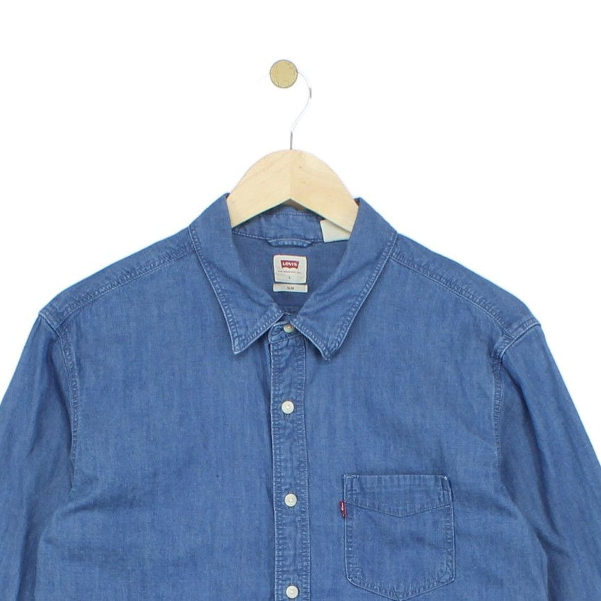 Mens Denim Shirt Long Sleeve Slim Fit