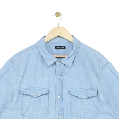 Mens Chambray Shirt Short Sleeve Button Up Snap