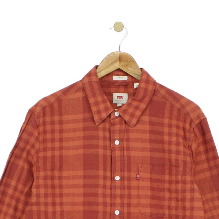 Mens Plaid Shirt Slim Fit Cotton Linen