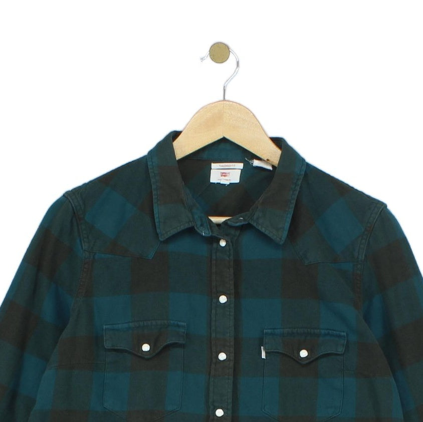 Womens Plaid Shirt Tailored Fit Snap Long Sleeve