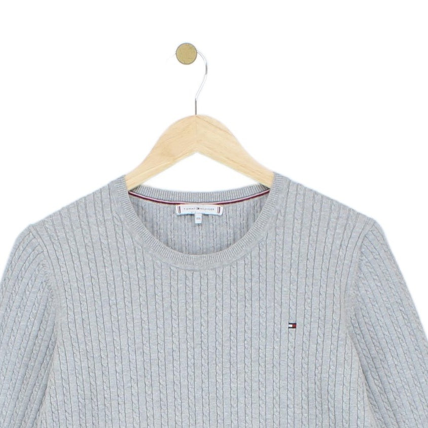 Womens Cable Knit Jumper Ribbed Crew Neck
