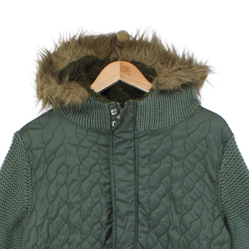 Womens Quilted Jacket Fur Hood Knit Wool