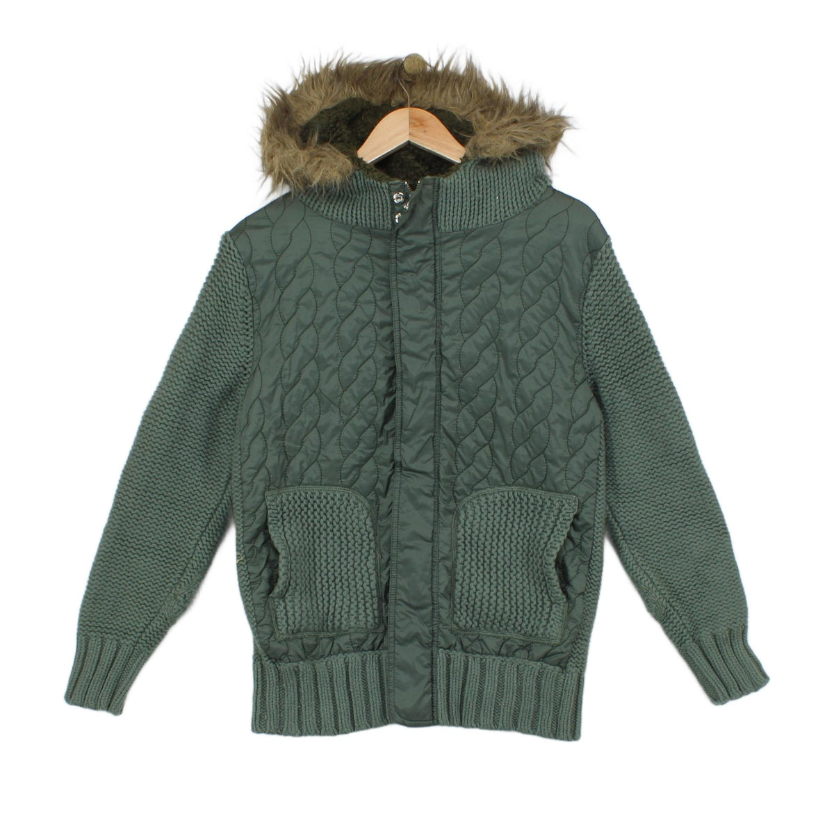Womens Quilted Jacket Fur Hood Knit Wool