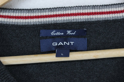 Mens V-Neck Jumper Ribbed Knit Cotton Wool