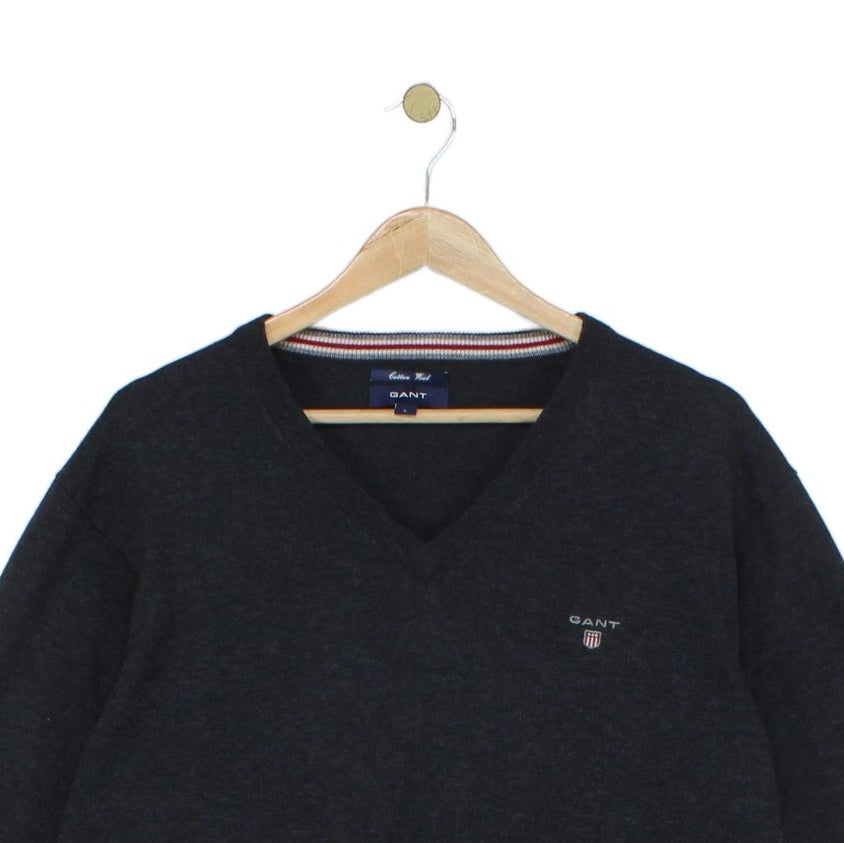 Mens V-Neck Jumper Ribbed Knit Cotton Wool