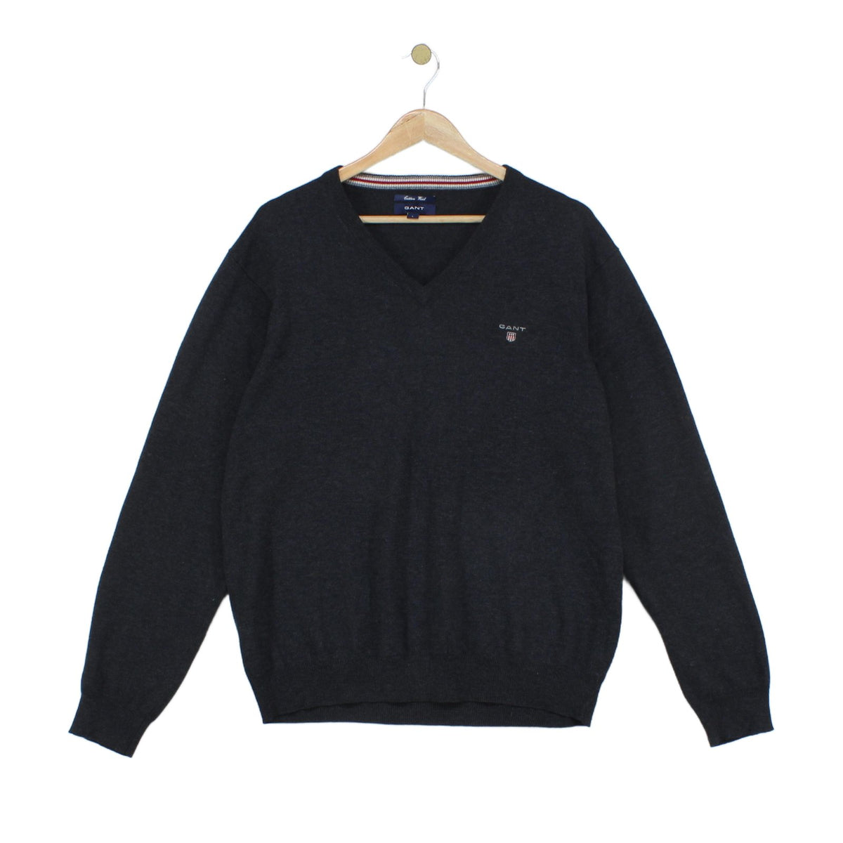 Mens V-Neck Jumper Ribbed Knit Cotton Wool