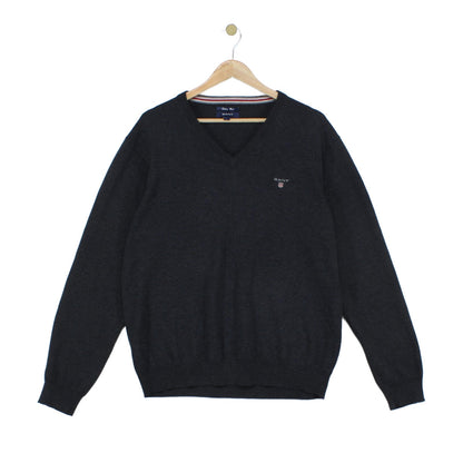 Mens V-Neck Jumper Ribbed Knit Cotton Wool