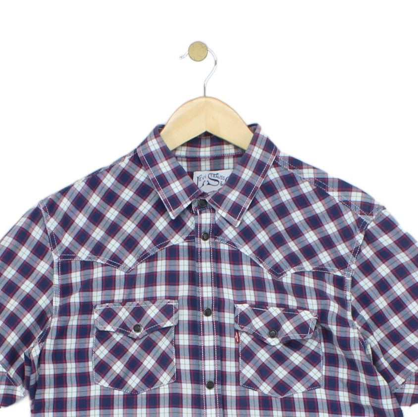 Mens Plaid Shirt Snap Button Up Short Sleeve