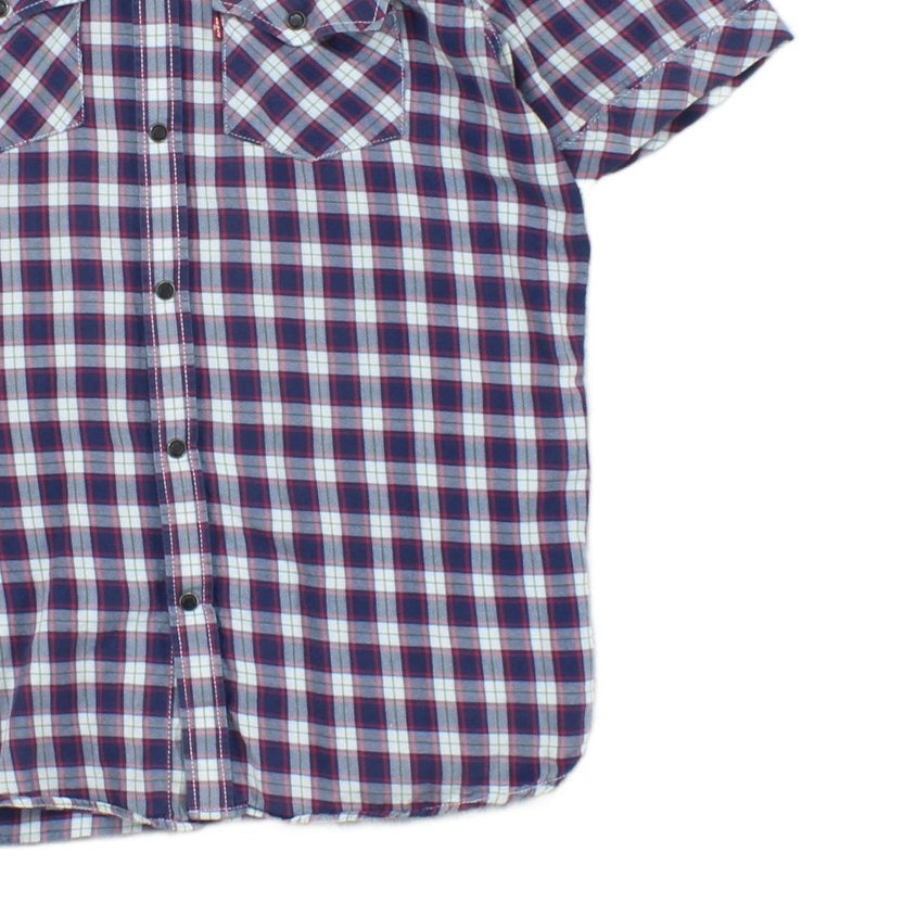 Mens Plaid Shirt Snap Button Up Short Sleeve