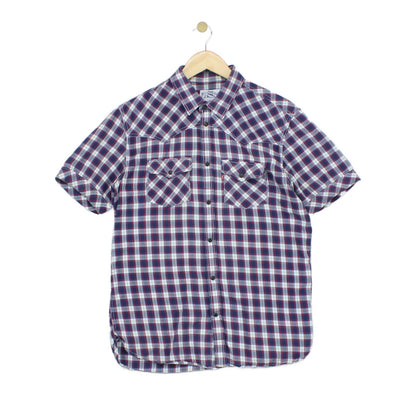 Mens Plaid Shirt Snap Button Up Short Sleeve