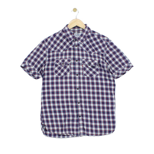 Mens Plaid Shirt Snap Button Up Short Sleeve