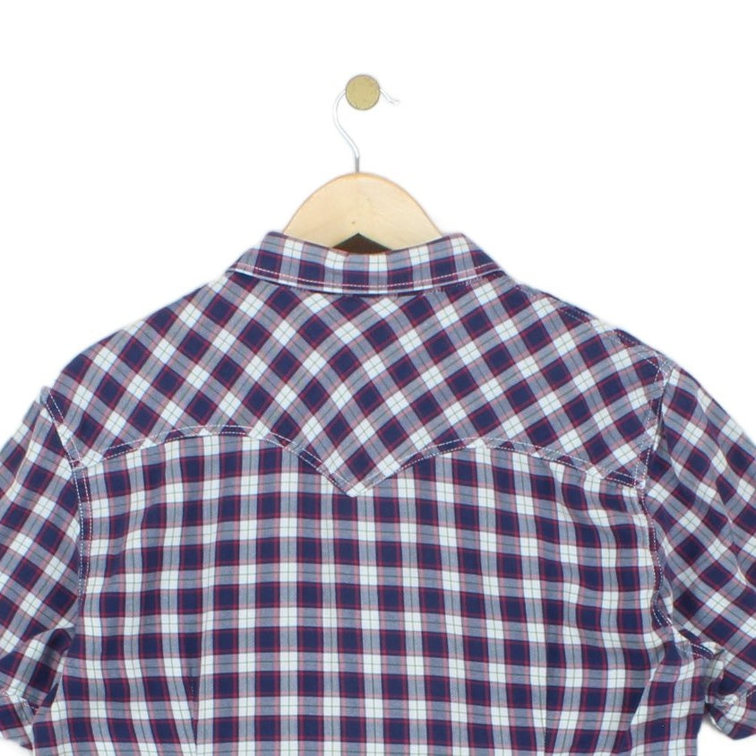 Mens Plaid Shirt Snap Button Up Short Sleeve