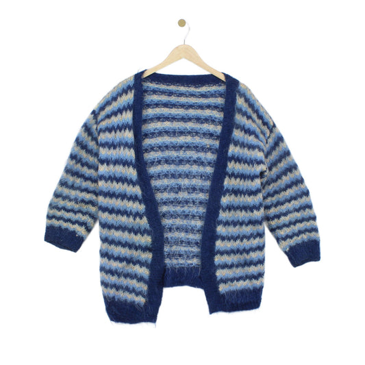 Womens Mohair Cardigan Striped Open Front Relaxed