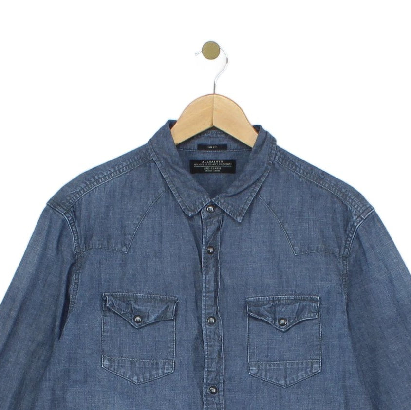Mens Denim Shirt Snap Long Sleeve Western Cotton