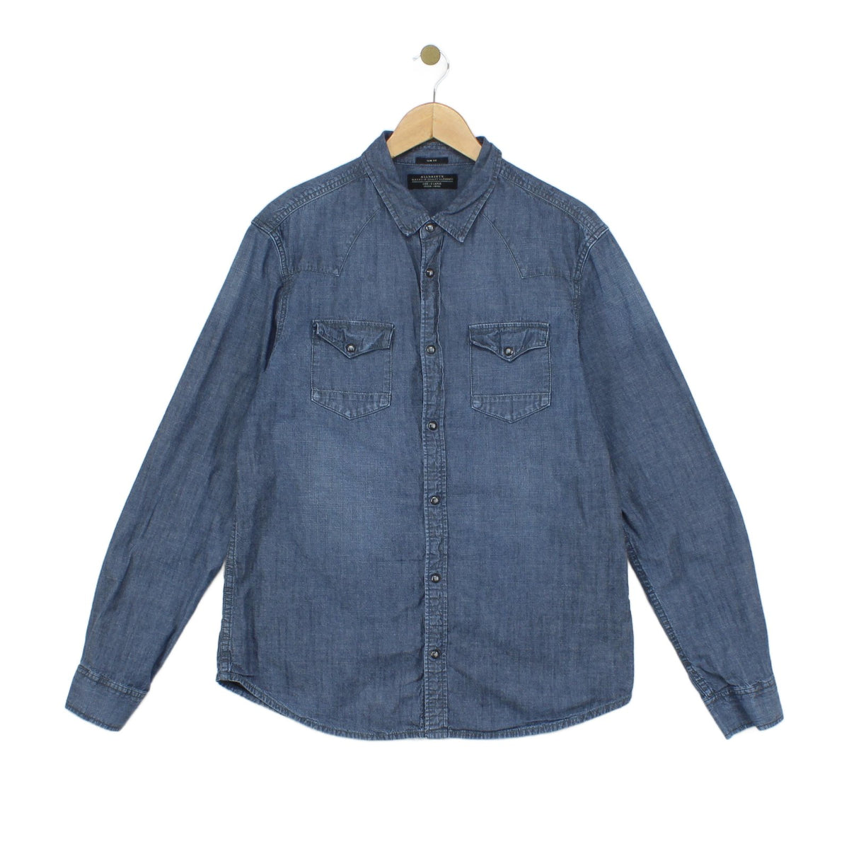 Mens Denim Shirt Snap Long Sleeve Western Cotton